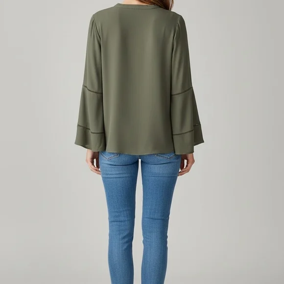 White House Black Market Olive Green Lace-Up Henley Blouse Size 2 Flowy Long Sle - Picture 4 of 13